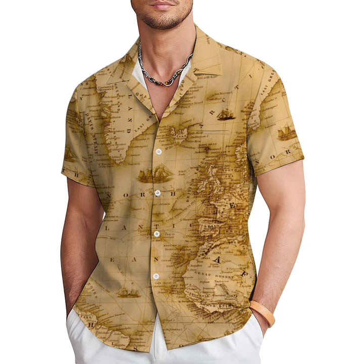 Men's Vintage Map Breathable Casual Fashion Chest Pocket Short Sleeve Shirt 2307101614