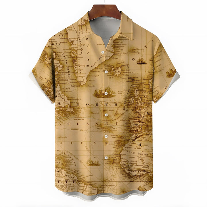 Men's Vintage Map Breathable Casual Fashion Chest Pocket Short Sleeve Shirt 2307101614