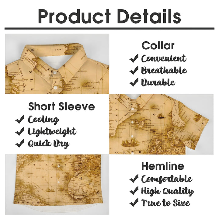 Men's Vintage Map Breathable Casual Fashion Chest Pocket Short Sleeve Shirt 2307101614