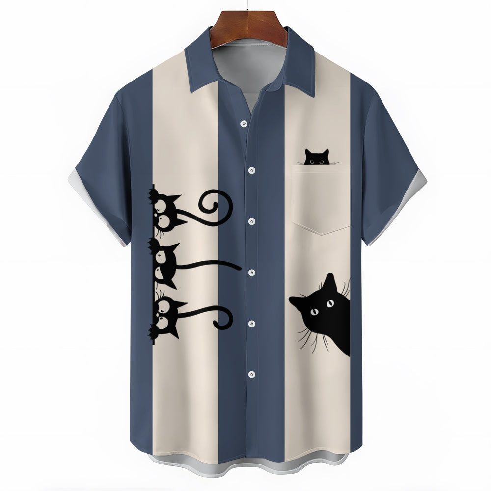 Men's Fashionable Cats Print Chest Pocket Shirt 2406003483