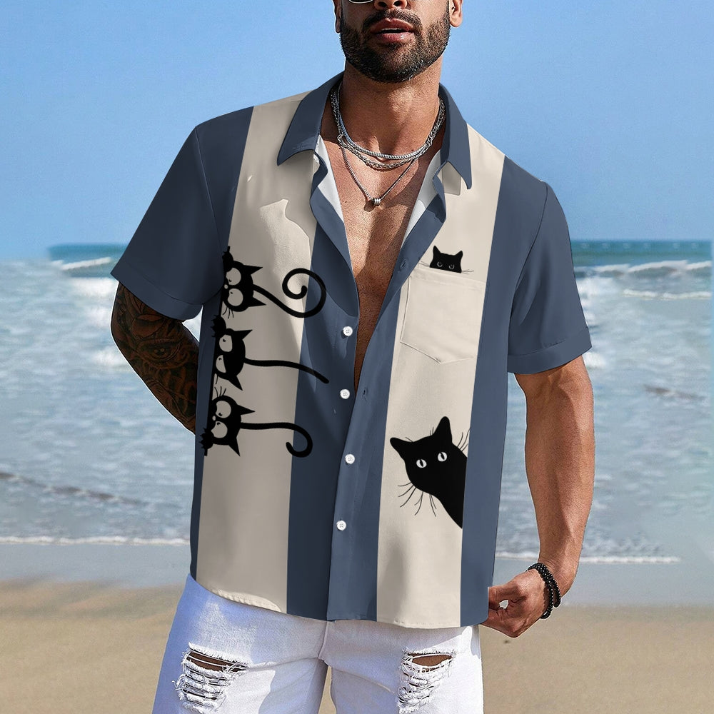 Men's Fashionable Cats Print Chest Pocket Shirt 2406003483