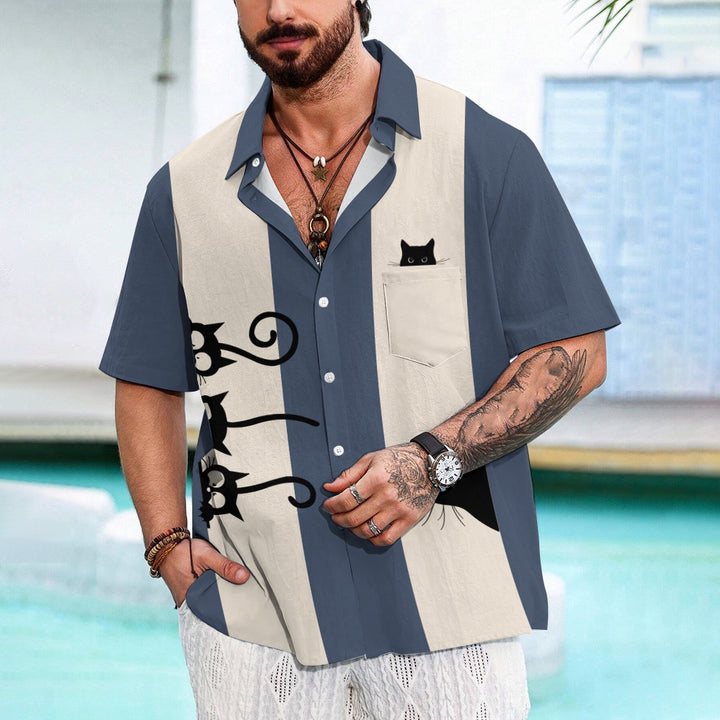 Men's Fashionable Cats Print Chest Pocket Shirt 2406003483