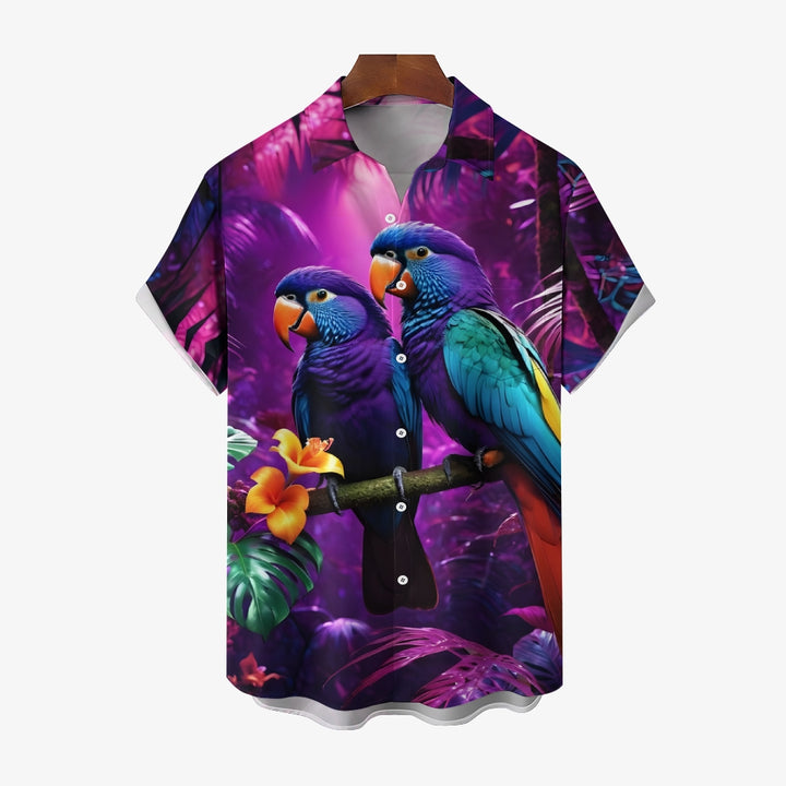 Men's Purple Parrot Print Casual Short Sleeve Shirt 2403000532