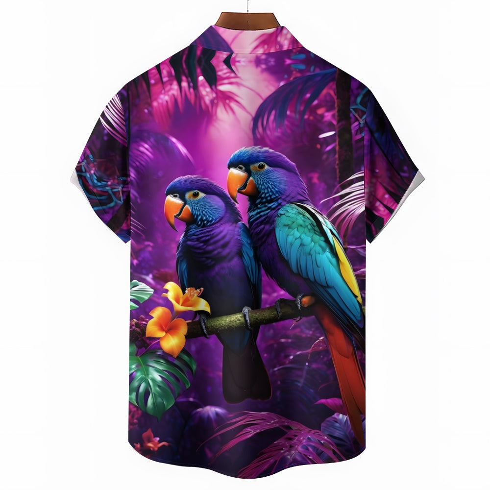 Men's Purple Parrot Print Casual Short Sleeve Shirt 2403000532