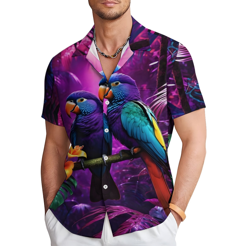 Men's Purple Parrot Print Casual Short Sleeve Shirt 2403000532