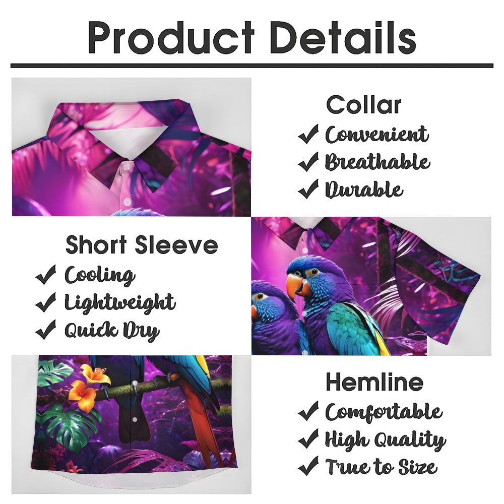 Men's Purple Parrot Print Casual Short Sleeve Shirt 2403000532