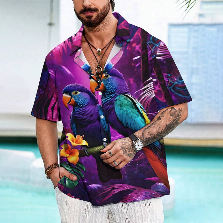 Men's Purple Parrot Print Casual Short Sleeve Shirt 2403000532