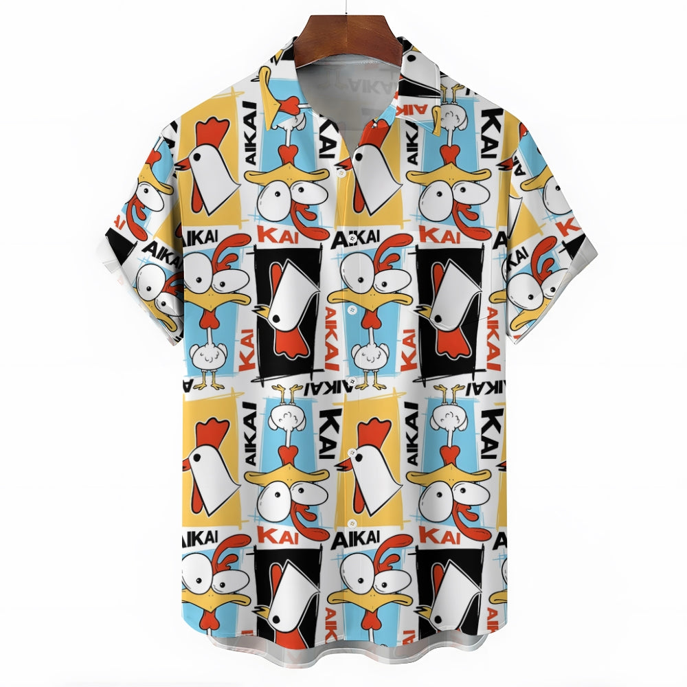 Fun Cartoon Chicken Print Casual Short Sleeve Shirt 2403000378