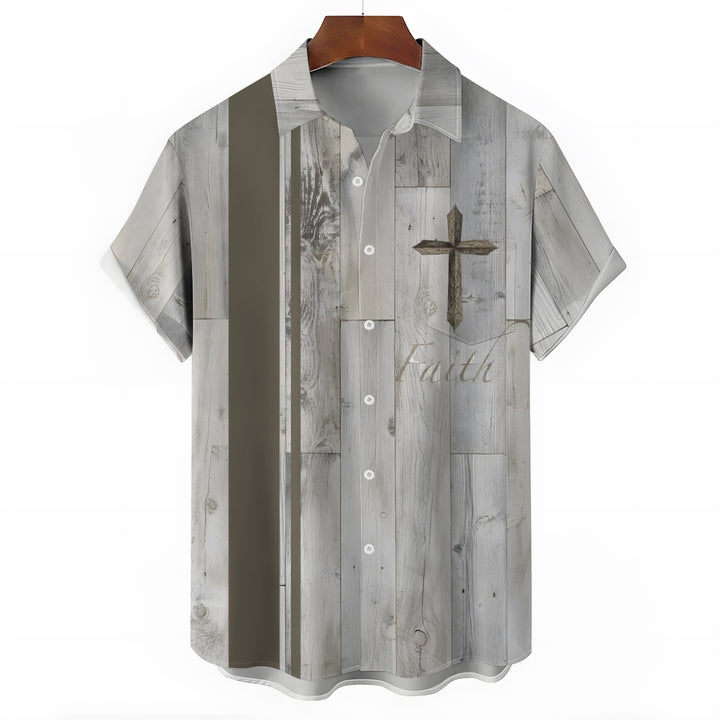 Faith Cross Print Oversized Cotton and Linen Short Sleeve Shirt 2407000767