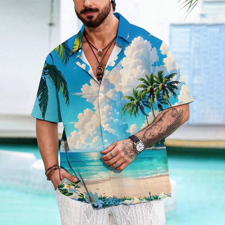 Beach Landscape Print Casual Short Sleeve Shirt 2404000187