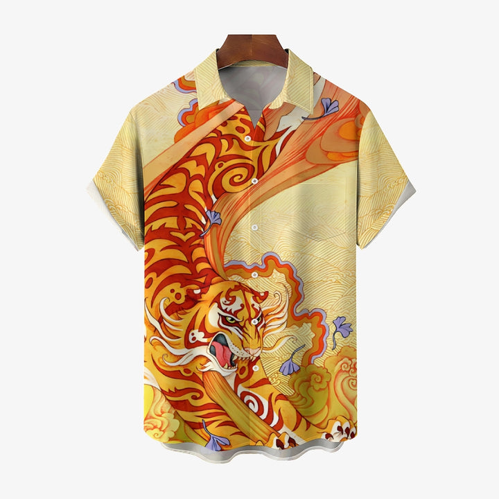 Ukiyoe Art Style Tiger Print Casual Short Sleeve Shirt 2403000310
