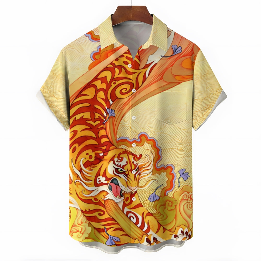 Ukiyoe Art Style Tiger Print Casual Short Sleeve Shirt 2403000310