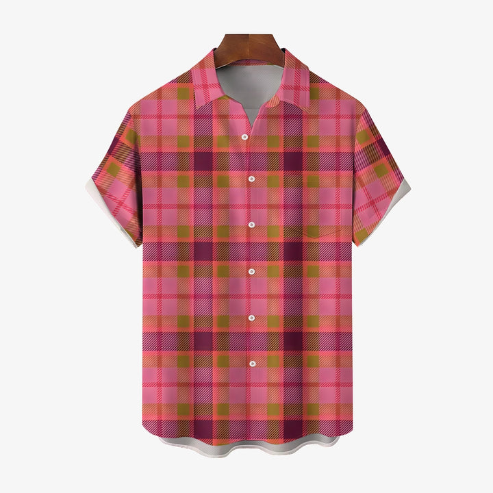 Men's Pink Plaid Casual Short Sleeve Shirt 2402000089