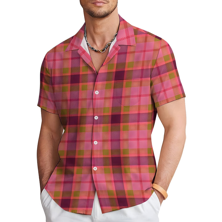 Men's Pink Plaid Casual Short Sleeve Shirt 2402000089