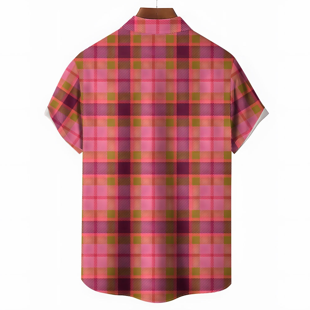 Men's Pink Plaid Casual Short Sleeve Shirt 2402000089