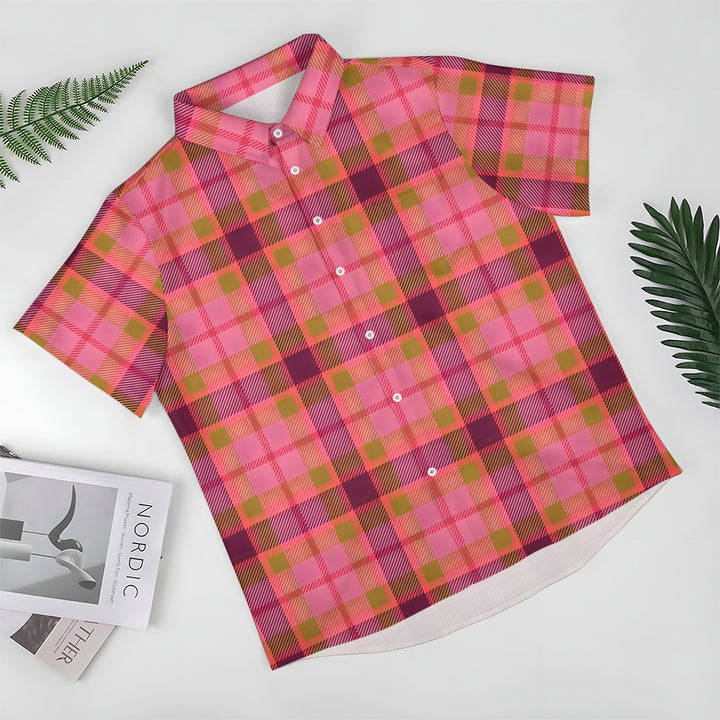 Men's Pink Plaid Casual Short Sleeve Shirt 2402000089