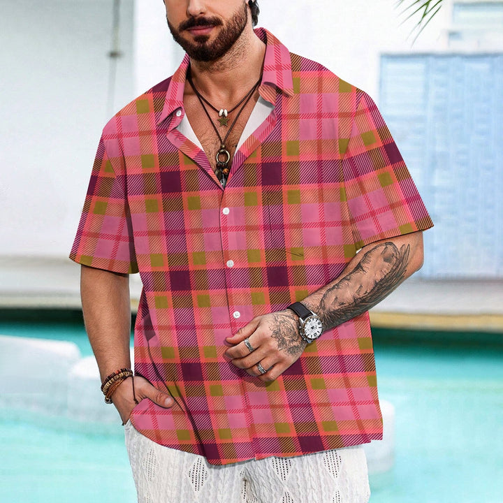 Men's Pink Plaid Casual Short Sleeve Shirt 2402000089