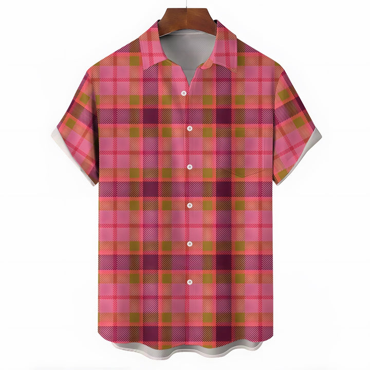 Men's Pink Plaid Casual Short Sleeve Shirt 2402000089