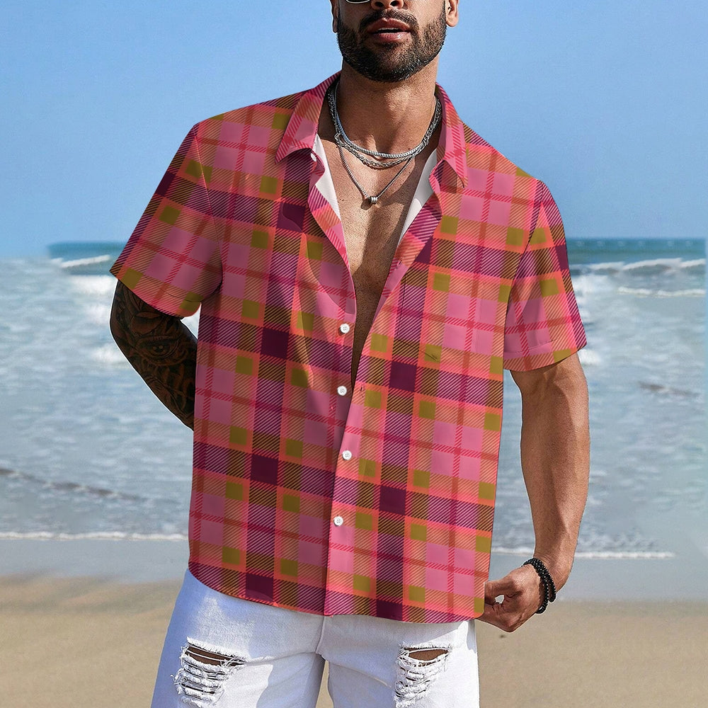 Men's Pink Plaid Casual Short Sleeve Shirt 2402000089