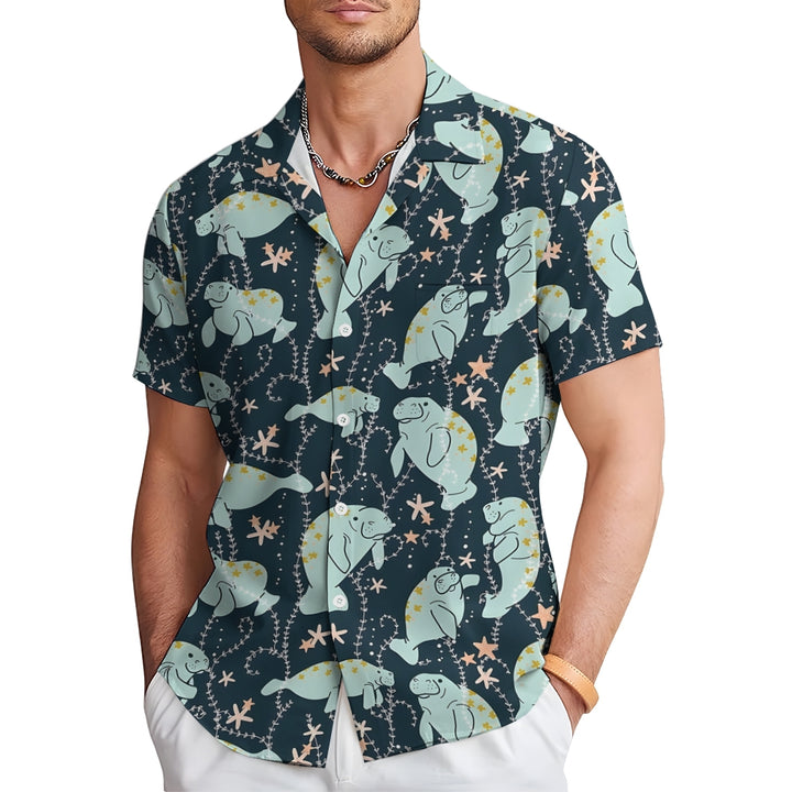 Men's Manatee Printed Hawaiian Casual Short Sleeve Shirt 2404001060