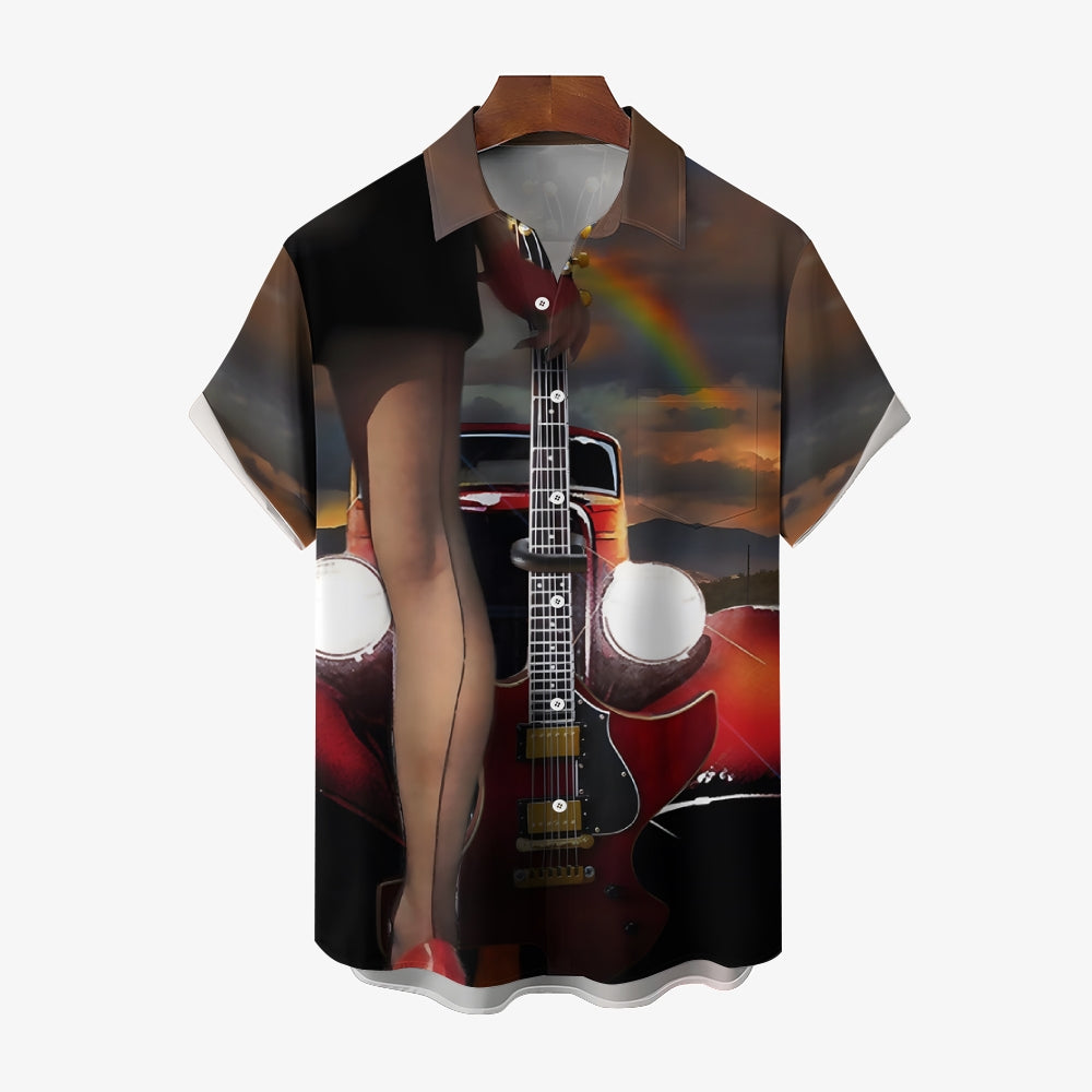 Retro Car Girl Guitar Music Casual Short Sleeve Shirt 2404000714