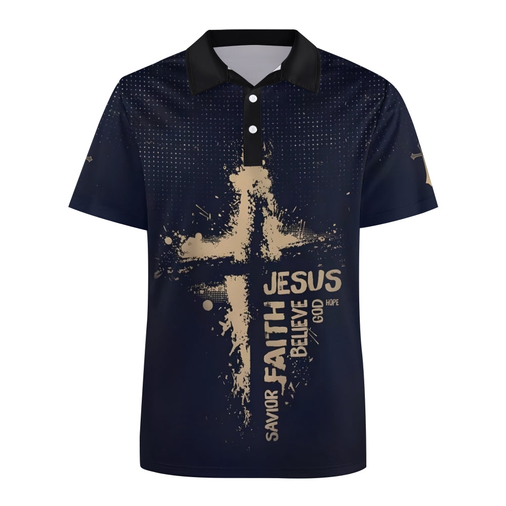 Jesus Cross Letter Printed Short Sleeve Polo Shirt 2407001167