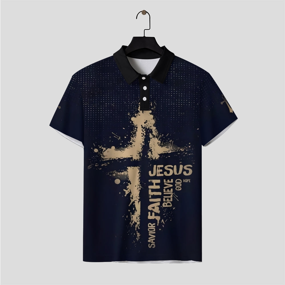 Jesus Cross Letter Printed Short Sleeve Polo Shirt 2407001167