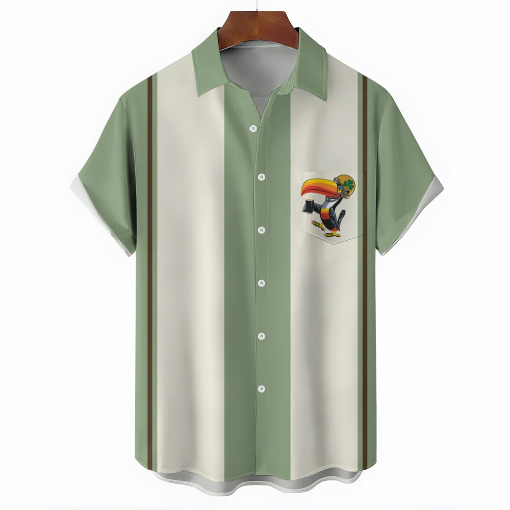 Green Toucan Print Casual Oversized Short Sleeve Shirt 2407001170