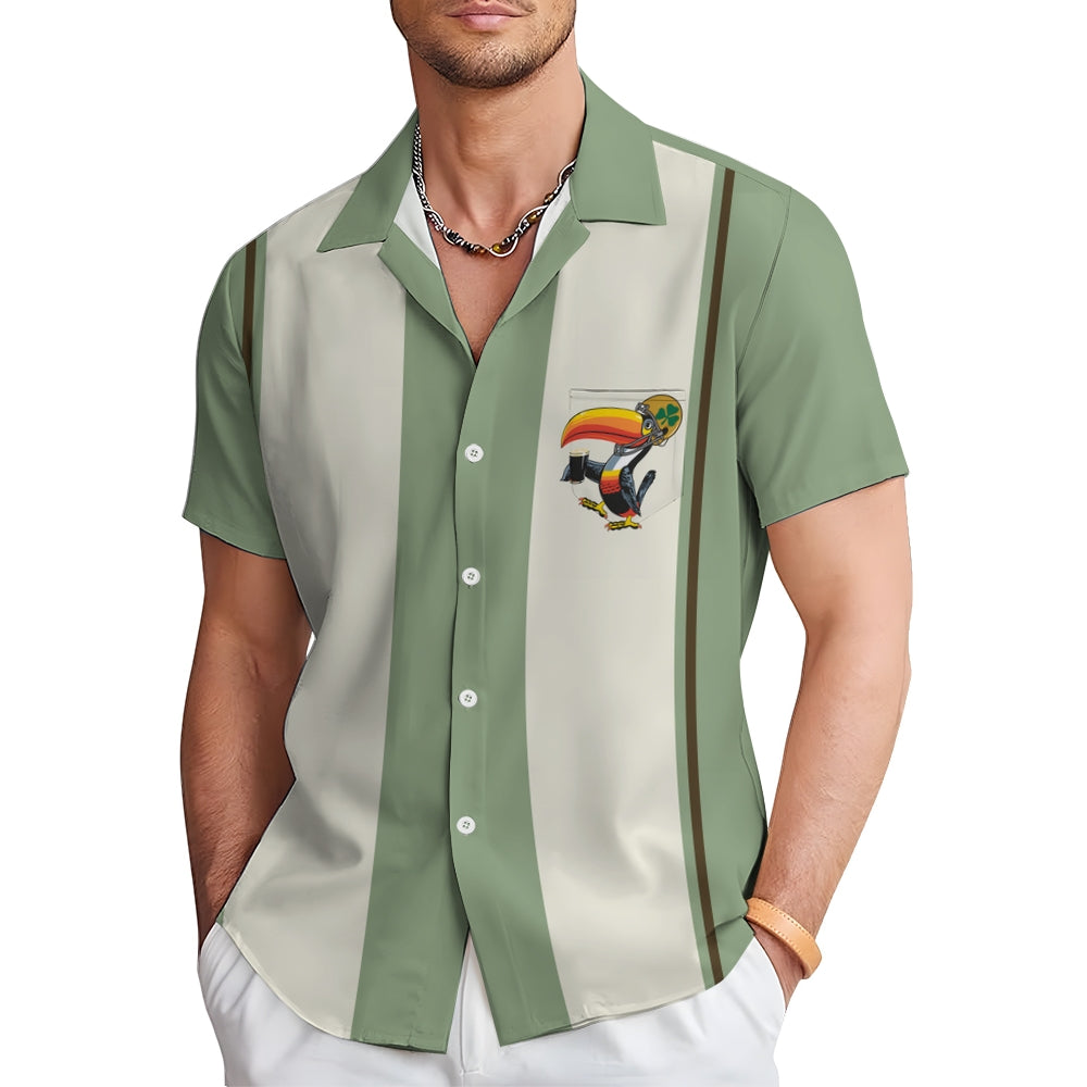 Green Toucan Print Casual Oversized Short Sleeve Shirt 2407001170