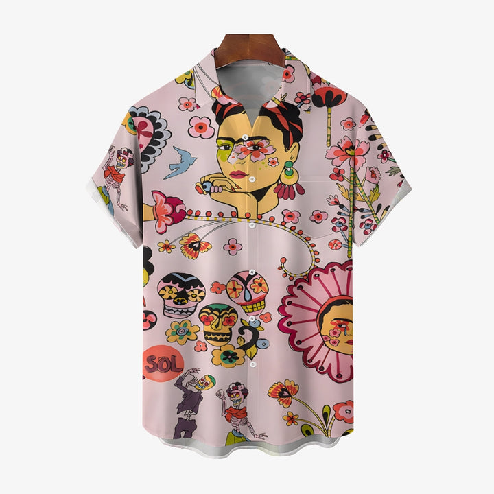 Men's Mexican Style Flower Girl Casual Short Sleeve Shirt 2403000793