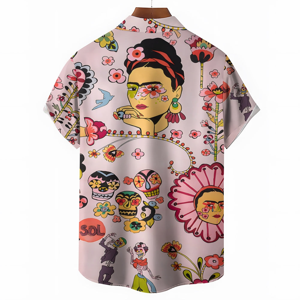 Men's Mexican Style Flower Girl Casual Short Sleeve Shirt 2403000793