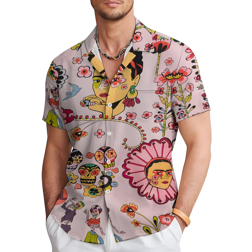 Men's Mexican Style Flower Girl Casual Short Sleeve Shirt 2403000793