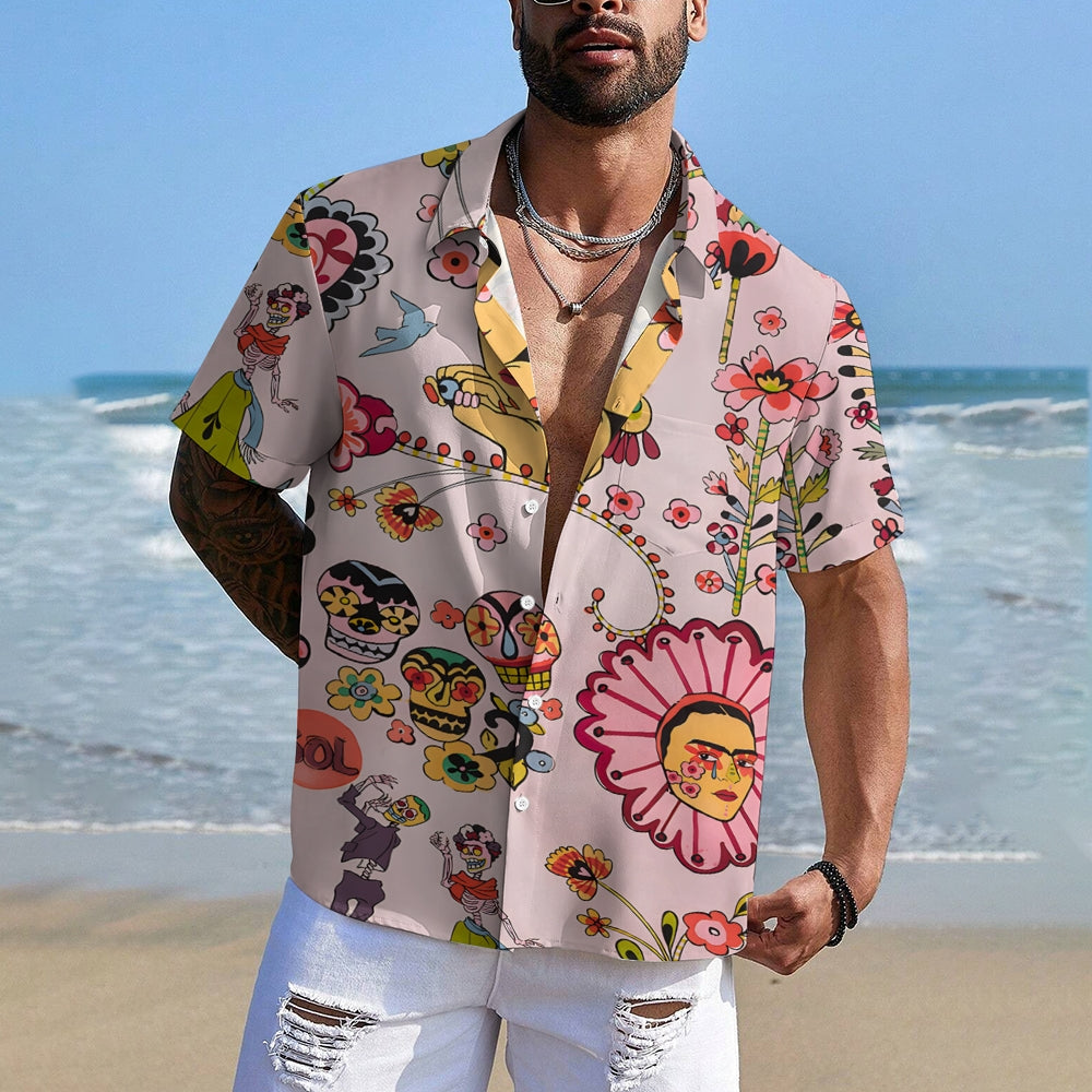 Men's Mexican Style Flower Girl Casual Short Sleeve Shirt 2403000793