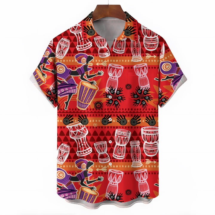 Men's Tribal Drum Art Casual Short Sleeve Shirt 2403000920