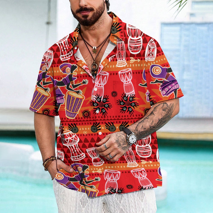 Men's Tribal Drum Art Casual Short Sleeve Shirt 2403000920