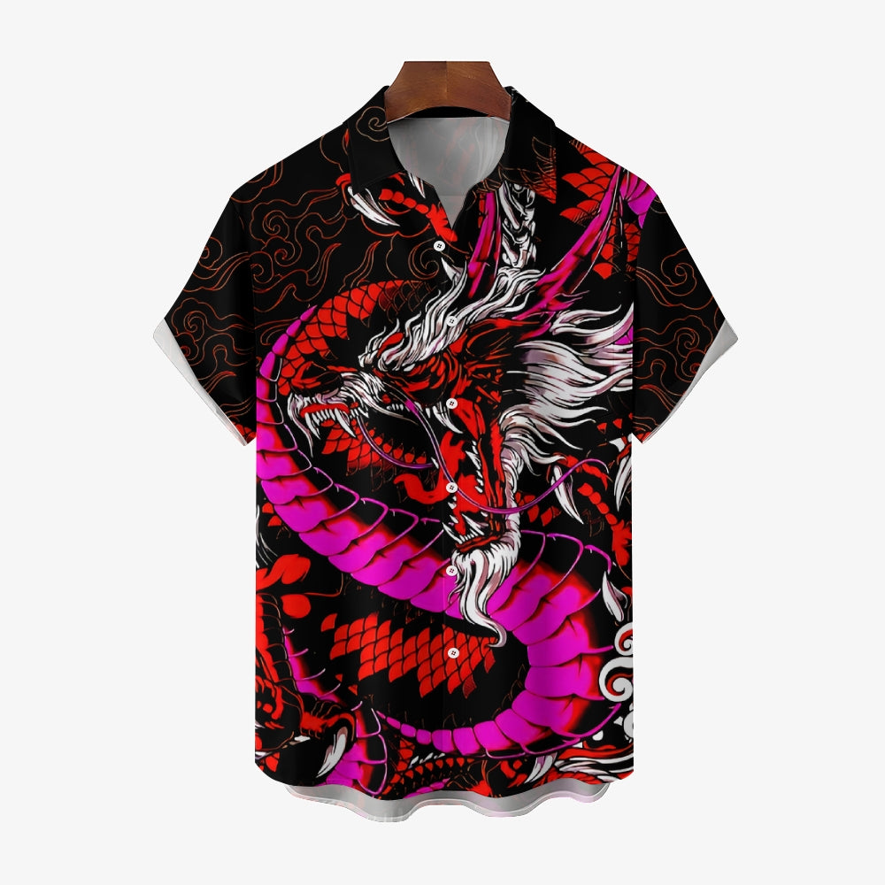 Chest Pocket Dragon Casual Short Sleeve Shirt 2402000054