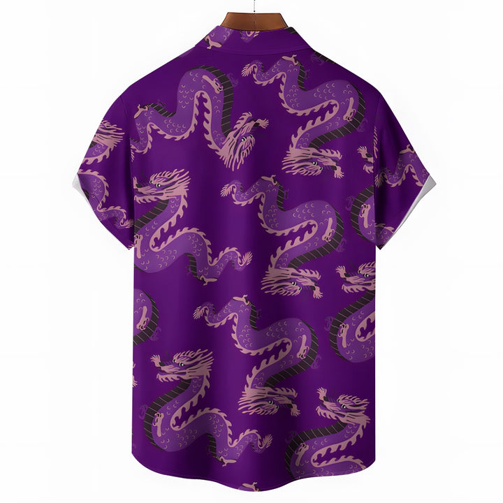 Dragon Purple Print Casual Short Sleeve Shirt 2402000085