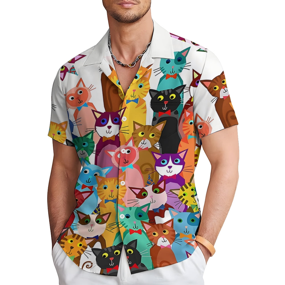 Men's Cartoon Cat Print Casual Fashion Short Sleeve Shirt 2307101539