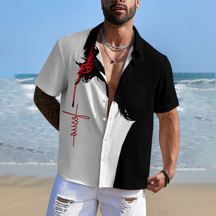 Vintage Black And White Stitching Jesus Faith Printed Short-Sleeved Shirt 2407001992