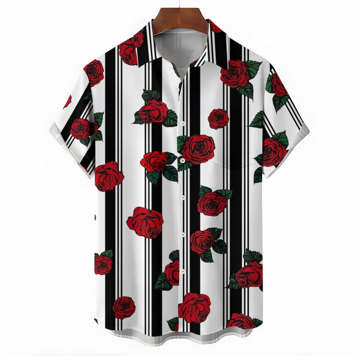 Men's Striped Rose Print Short Sleeves Shirt 2407002317