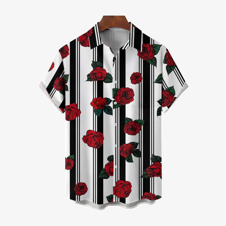 Men's Striped Rose Print Short Sleeves Shirt 2407002317