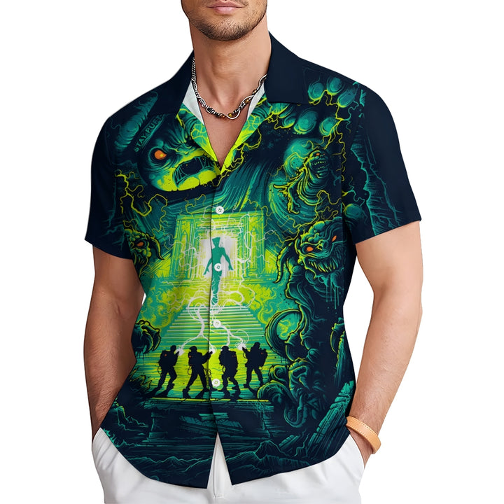 Psychedelic Sci-Fi Crazy Adventure Team And Ferocious Ghost Prints Casual Short Sleeve Shirt 2402000189