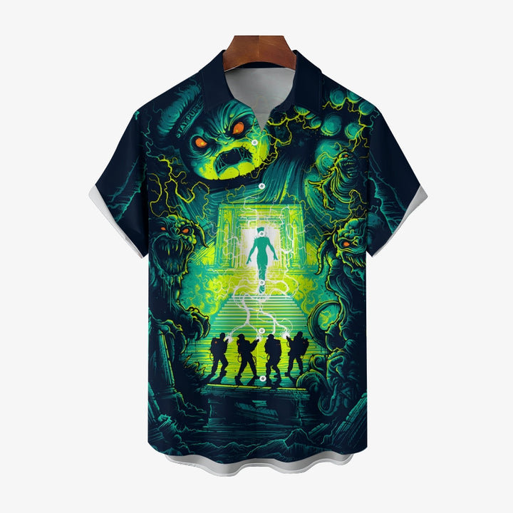 Psychedelic Sci-Fi Crazy Adventure Team And Ferocious Ghost Prints Casual Short Sleeve Shirt 2402000189