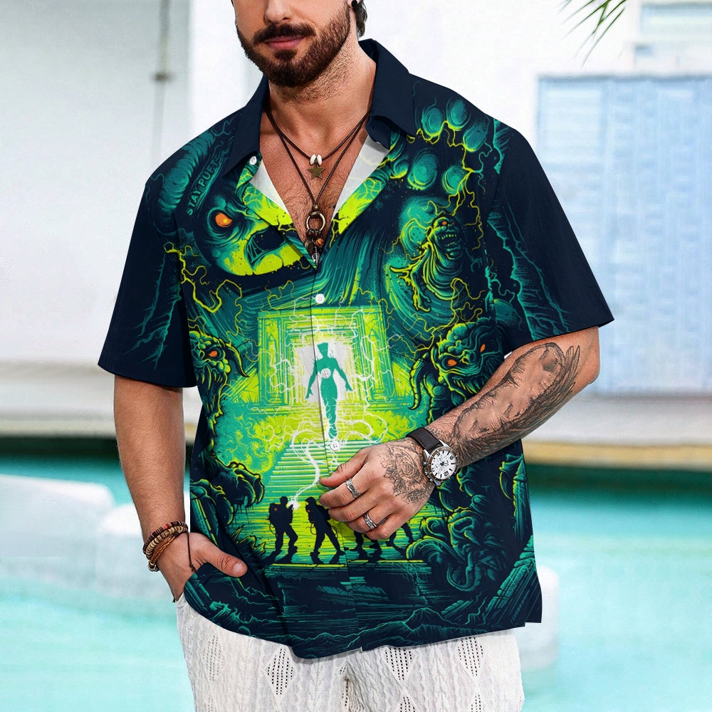 Psychedelic Sci-Fi Crazy Adventure Team And Ferocious Ghost Prints Casual Short Sleeve Shirt 2402000189