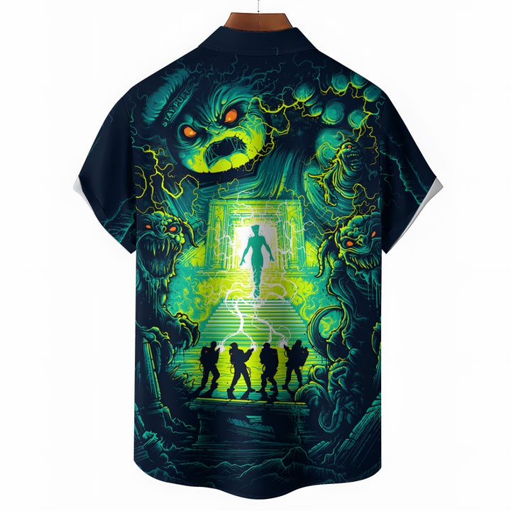 Psychedelic Sci-Fi Crazy Adventure Team And Ferocious Ghost Prints Casual Short Sleeve Shirt 2402000189