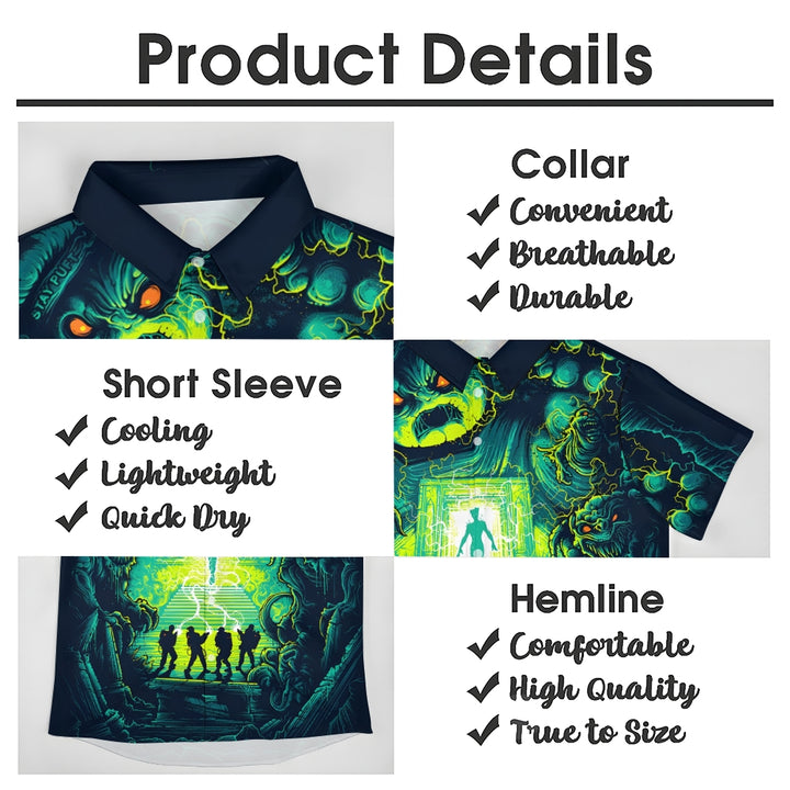 Psychedelic Sci-Fi Crazy Adventure Team And Ferocious Ghost Prints Casual Short Sleeve Shirt 2402000189