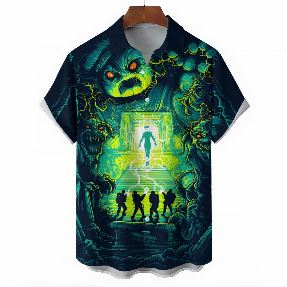 Psychedelic Sci-Fi Crazy Adventure Team And Ferocious Ghost Prints Casual Short Sleeve Shirt 2402000189