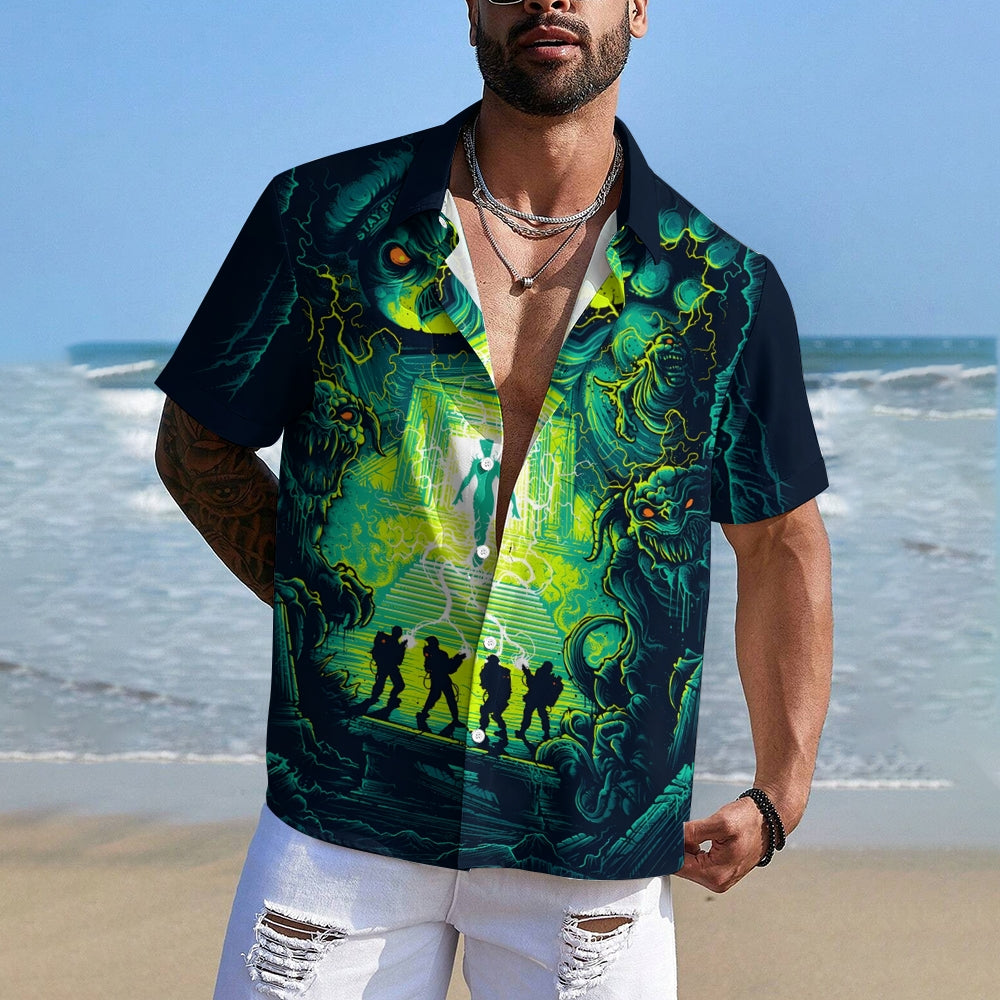 Psychedelic Sci-Fi Crazy Adventure Team And Ferocious Ghost Prints Casual Short Sleeve Shirt 2402000189