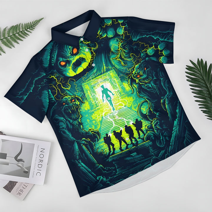 Psychedelic Sci-Fi Crazy Adventure Team And Ferocious Ghost Prints Casual Short Sleeve Shirt 2402000189