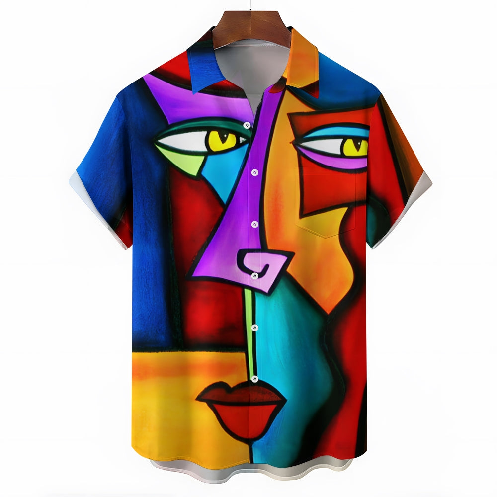 Geometric Abstract Art Print Large Slub Linen Short Sleeve Shirt 2407003297